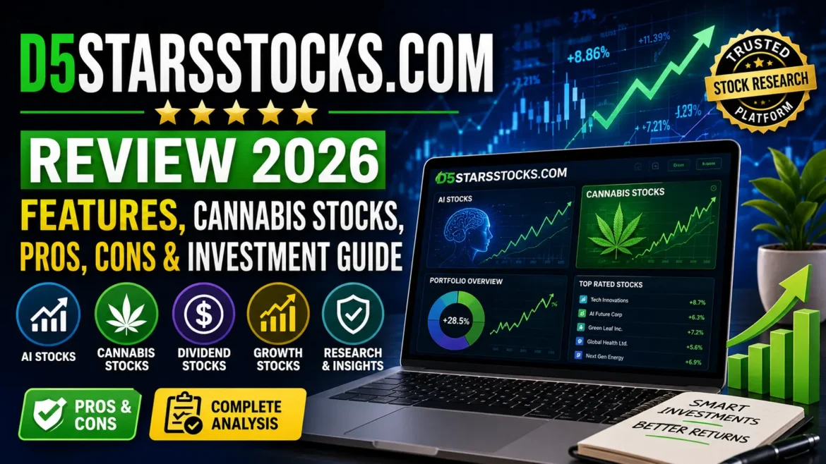 D5StarsStocks.com stock analysis dashboard showing AI stocks, cannabis stocks and investment research tools