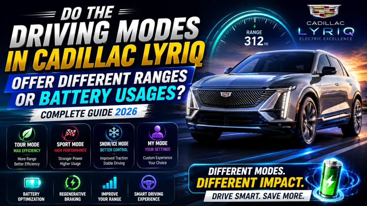 dillac Lyriq dashboard showing Tour Mode, Sport Mode and battery range efficiency settings